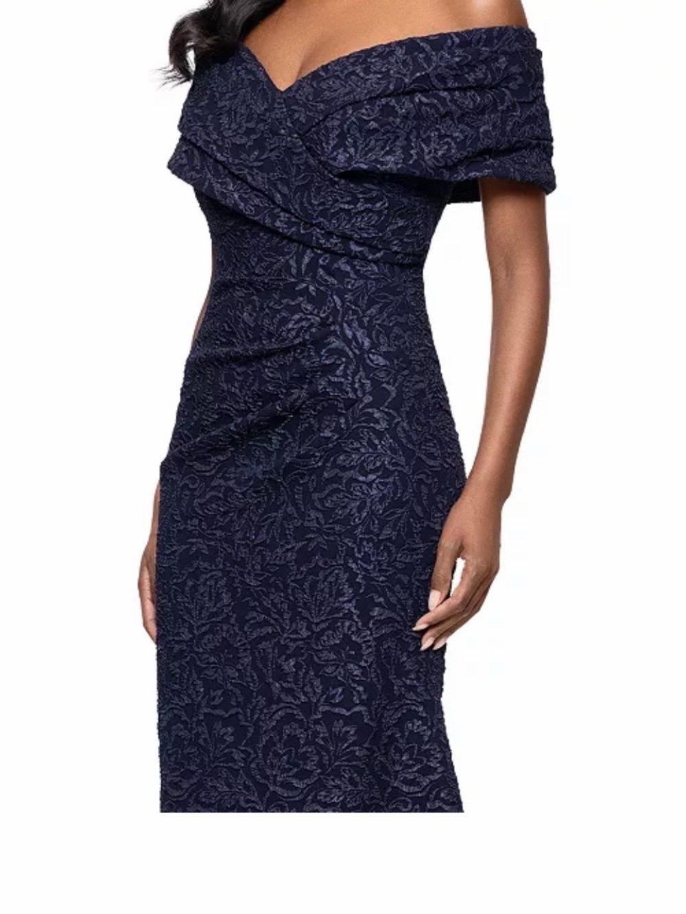 Betsy & Adam Off-Shoulder Navy Lace Sheath Dress